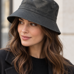 Musta tekonahkainen bucket-hattu