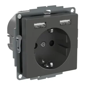 Pistorasia Schneider Electric Exxact 1-osainen + 2xUSB 2.4A Antrasiitti